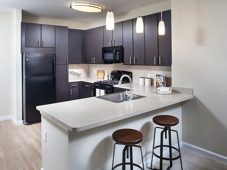 Classic Package kitchen with beige laminate countertops, dark cabinetry, beige tile backsplash, black appliances, and hard surface plank flooring