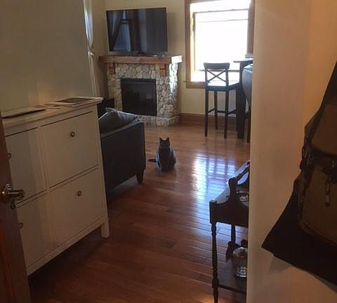 Living room features hardwood floors and wood detailing arou