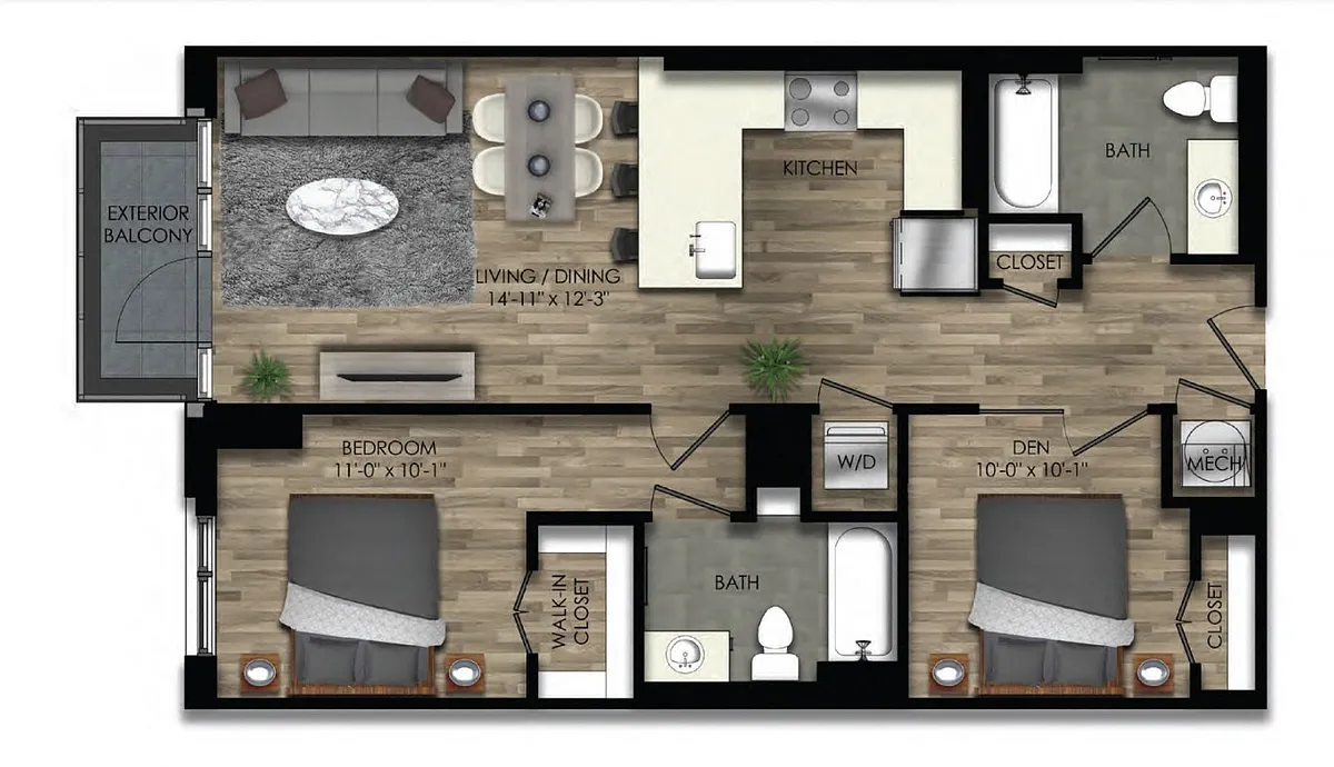 Floor plan 1 Bed/2 Bath Den-21W