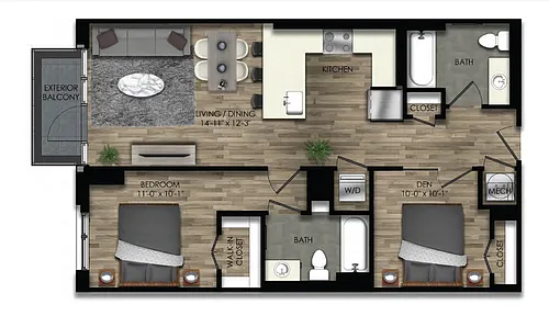 Floor plan 1 Bed/2 Bath Den-21W
