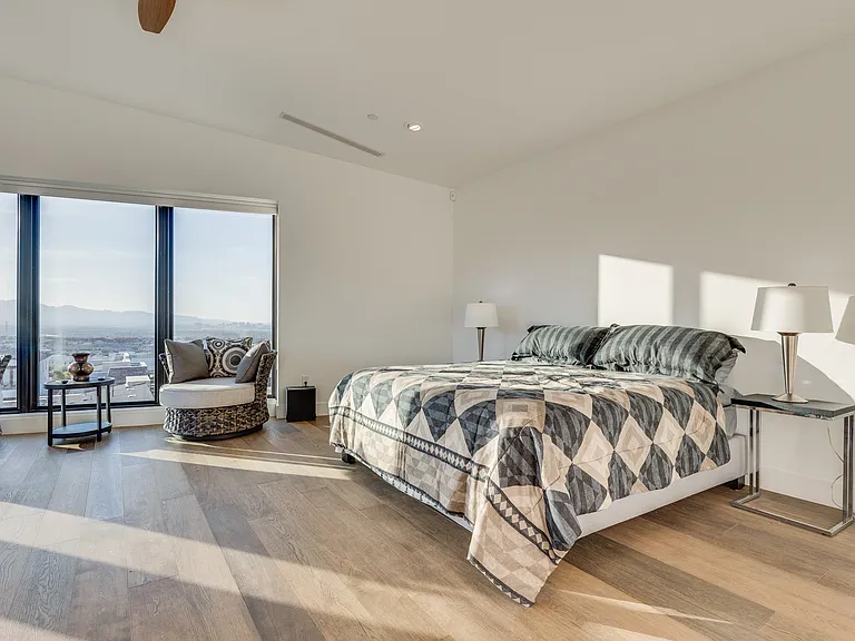 Master Bedroom w/City Skyline views and custom blackout curtains