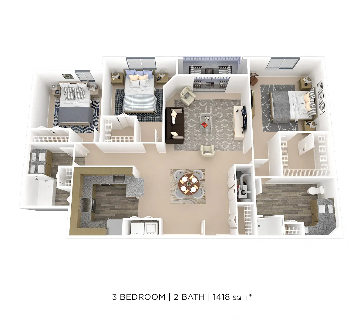 Floor plan Three Bedroom 2 Bath- 1418 sqft