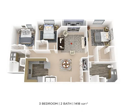 Floor plan Three Bedroom 2 Bath- 1418 sqft