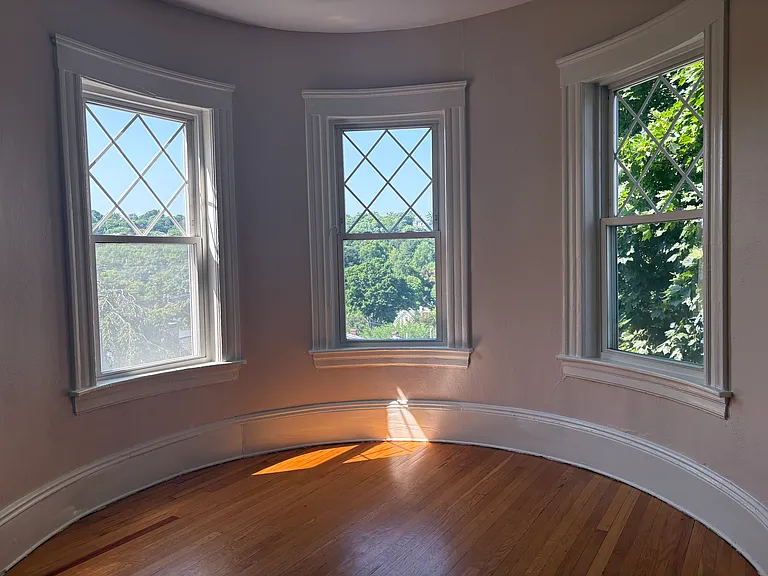 Beautiful afternoon sunlight reflecting into living room with great green view.