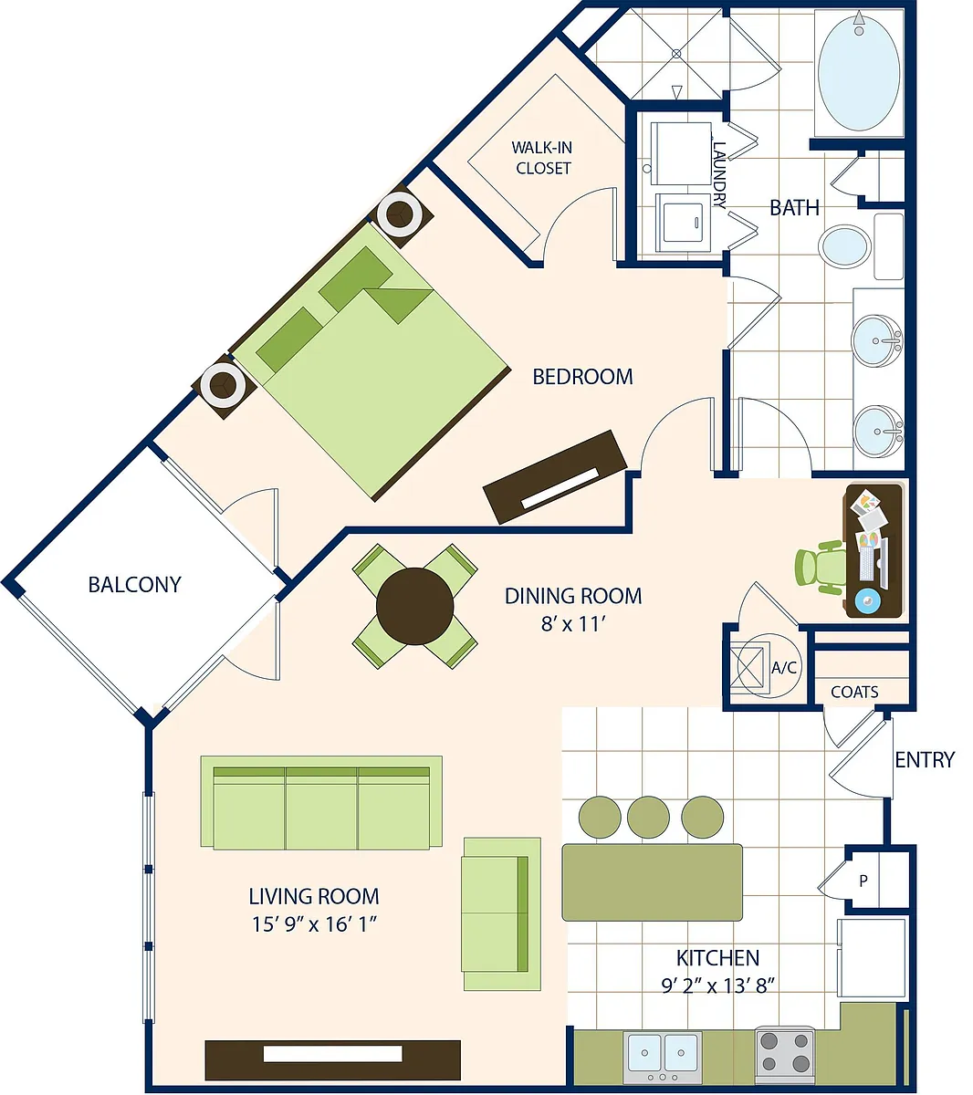 Floor plan One Bedroom One Bath (1095 SF)