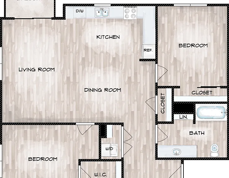 2 Bed 1 Bath D Floorplan Diagram