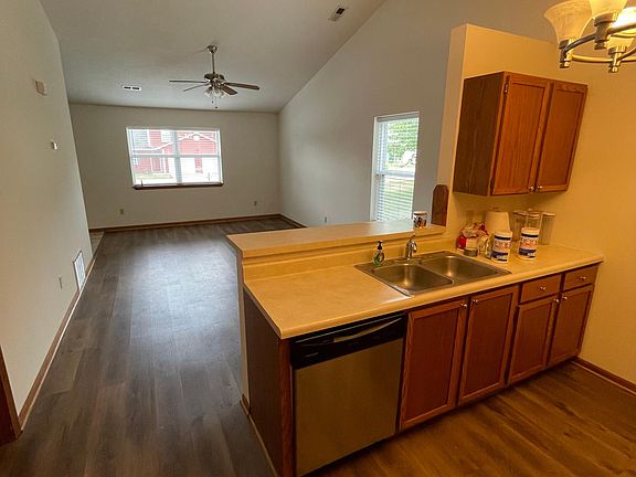 Kitchen view into living room