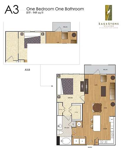 Floor plan A3 1 BR / 1 BA