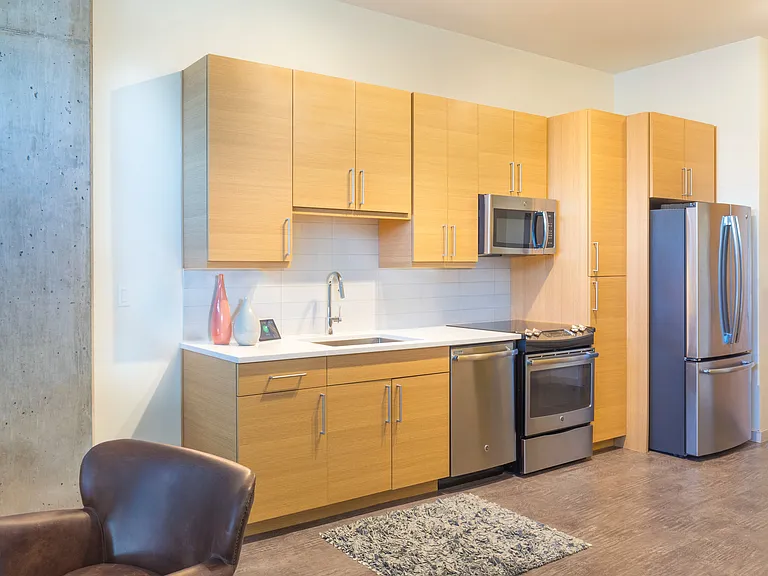Modern kitchens outfitted with stainless steel appliances, and quartz countertops with tile backsplashes.
