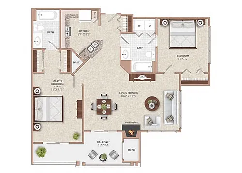 Floor plan TWO BEDROOM TWO BATH WITH FIREPLACE