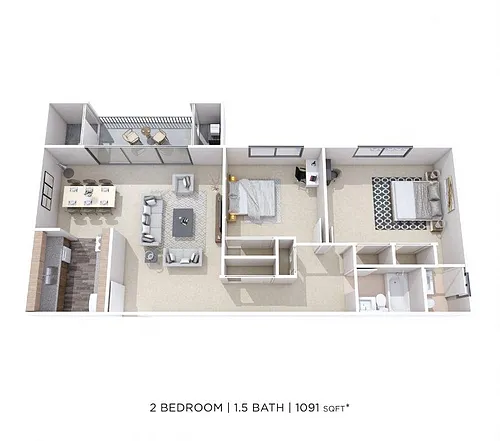Floor plan Two Bedroom 1.5 Bath - 1,091 sqft