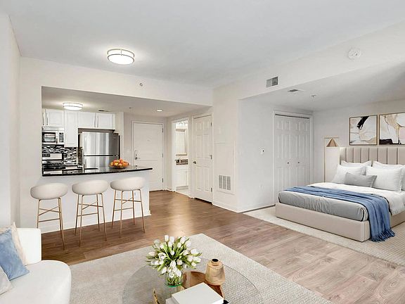 Open Studio Layout With Kitchen, Bedroom Area, and Living Room Setup