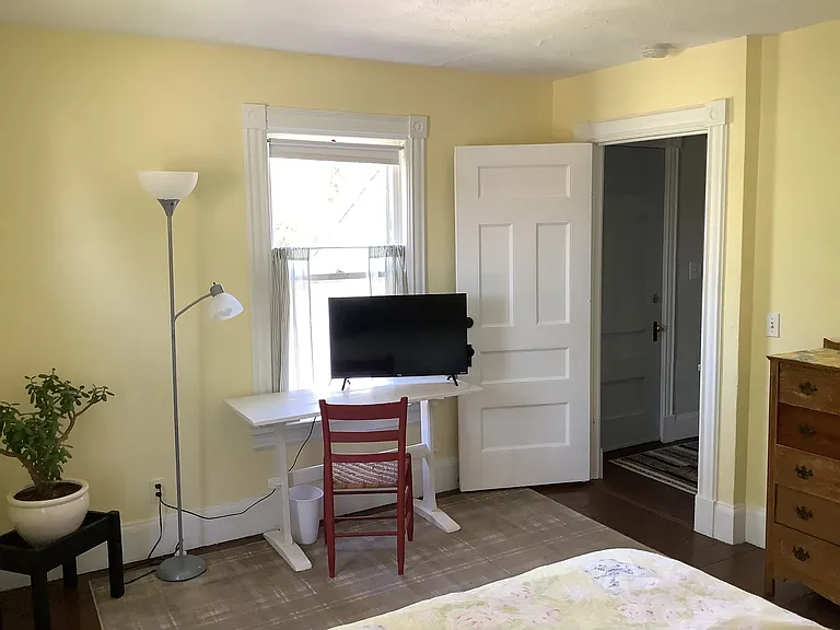 Bedroom 1 with Roku TV, & back entrance beyond.