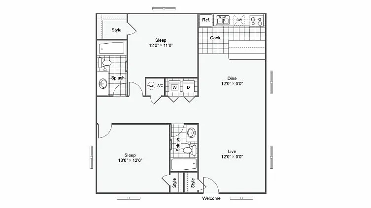 Floor plan The Jeardean: 2 Bedroom 2 Bath