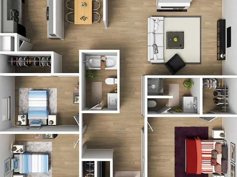 Inviting 3D floor plan showcasing three bedrooms, a modern living area, stylish kitchen, and a balcony with seating. Inviting 3D floor plan showcasing three bedrooms, a modern living area, stylish kitchen, and a balcony with seating.