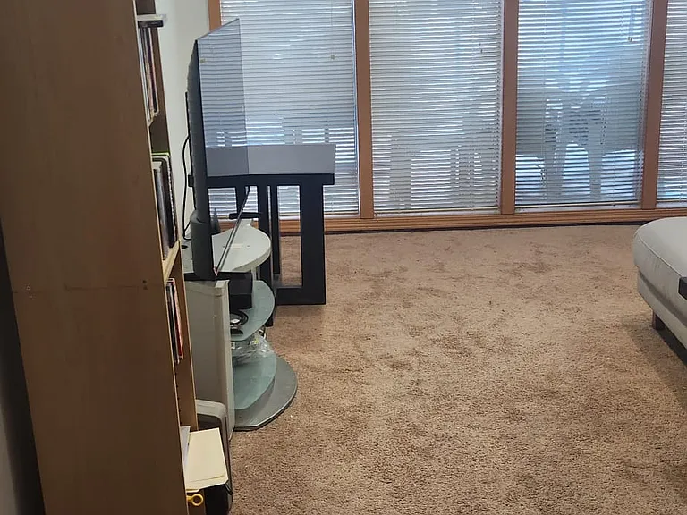 Apartment livingroom with view of floor to ceiling windows and outside