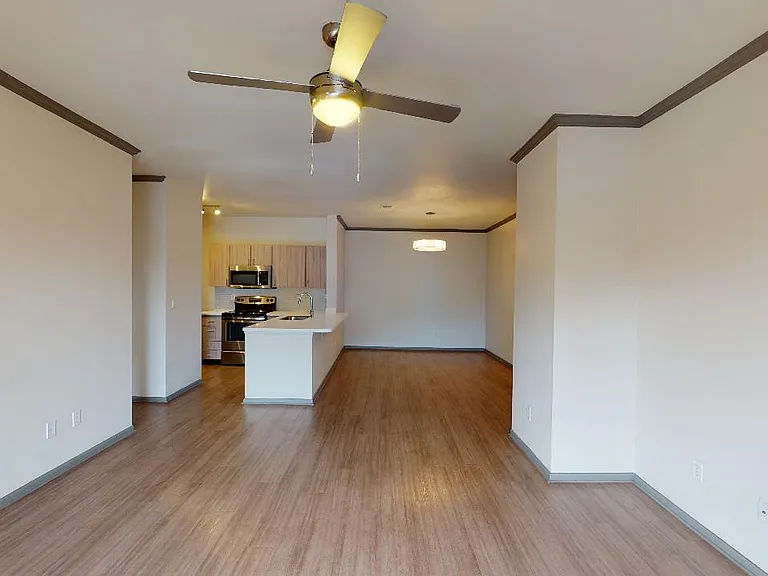 Apartment kitchen with stainless steel appliances, dining and living room with wood-style flooring.