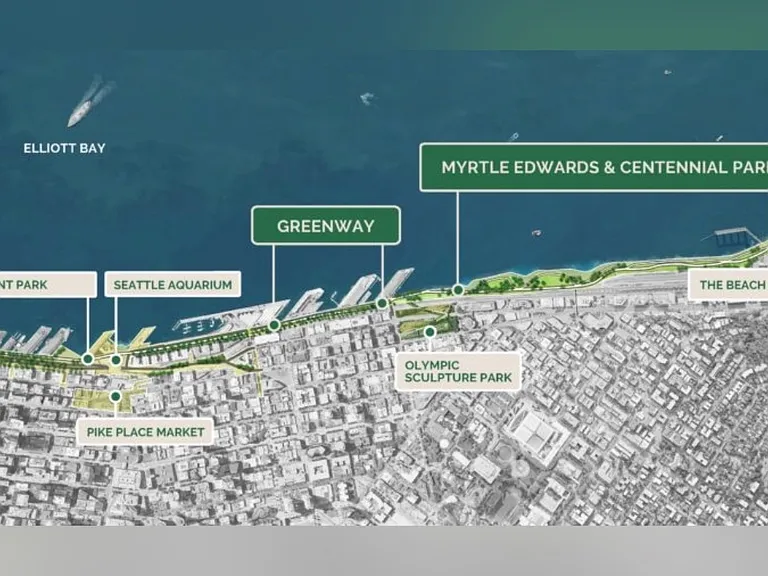 1.5 miles to the Beach at Expedia. Map shows nice walk or bike ride to Seattle waterfront from there.