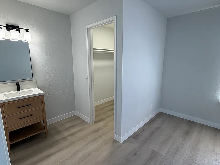 Master bedroom view of sink + closet