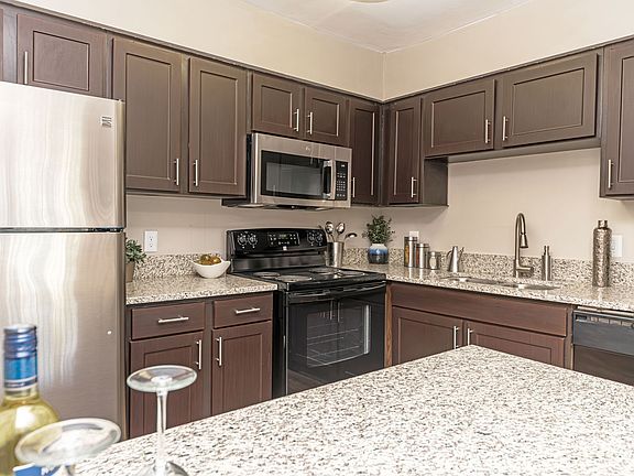 Kitchen with granite counters, stainless appliances, and modern cabinetry