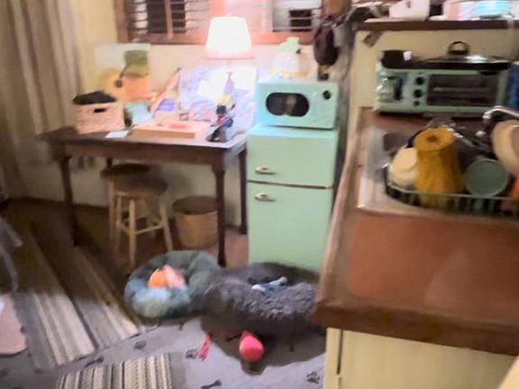 Think "tiny house" appliances for the kitchenette. Just right for this rustic space, and they add a pop of color!