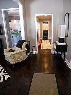 Foyer, living room left, dining/library right