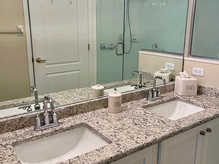 upgraded master bath, granite, double new sinks, cabinets, all glass shower door, spacious walk-in closet