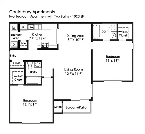 Floor plan 2BR 2BA (1020sf)