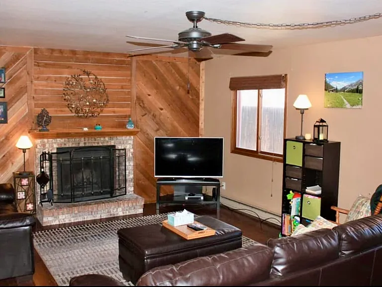 Sunken living room with wood burning fireplace