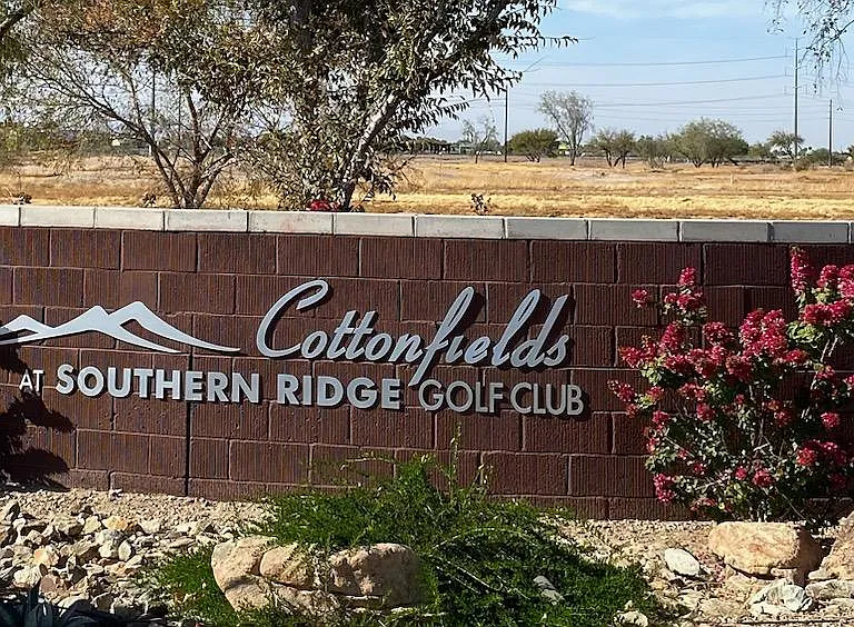 Cottonfields At Southern Ridge Golf Club community monument on Baseline Rd. in Laveen, Arizona.