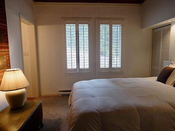 Master Bedroom with Queen Bed. Two closets on either side of the bed. Windows look out on wooded property and very private.