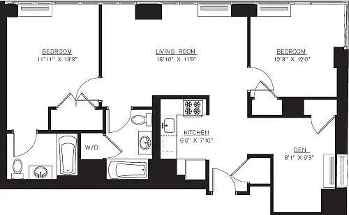 Floor plan 2 bedroom E Line with Den floors 42-50