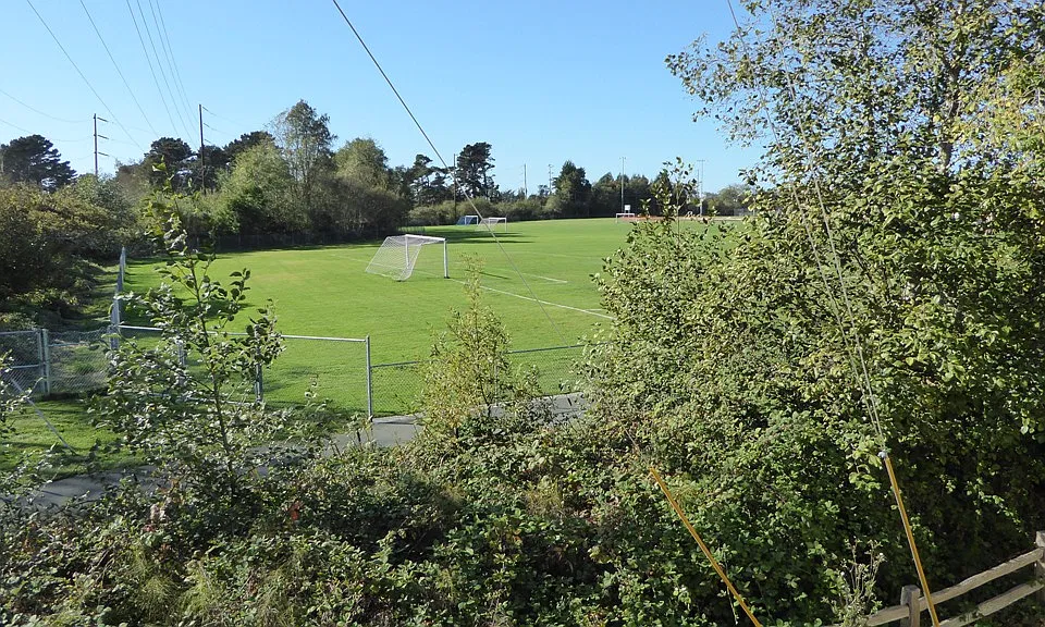 View of soccer field from private balcony.