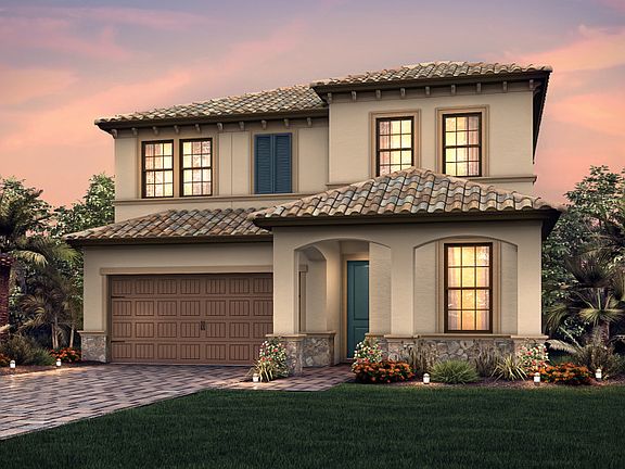 The Fifth Avenue, a two-story family home with a 2 car garage, shown with Home Exterior FM2B