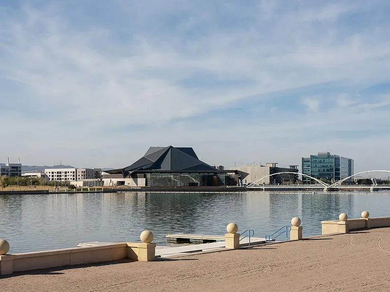 Tempe Town Lake right outside your door_peaceful waterfront views, paddleboarding, and stunning skyline scenery just minutes from home.