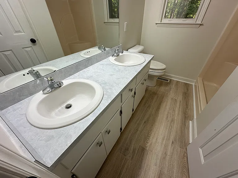 master bath double sinks, new flooring, new exhaust fan, lighting