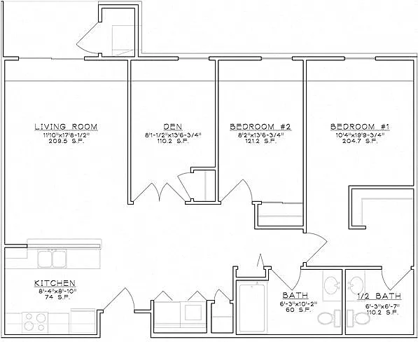 Floor plan 2 Bedroom Unit w/Den Midrise