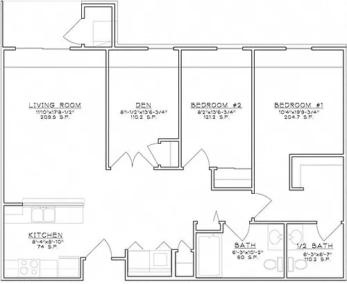 Floor plan 2 Bedroom Unit w/Den Midrise