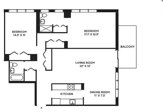 Floor plan Madison Towers- 2 BD 2 BA