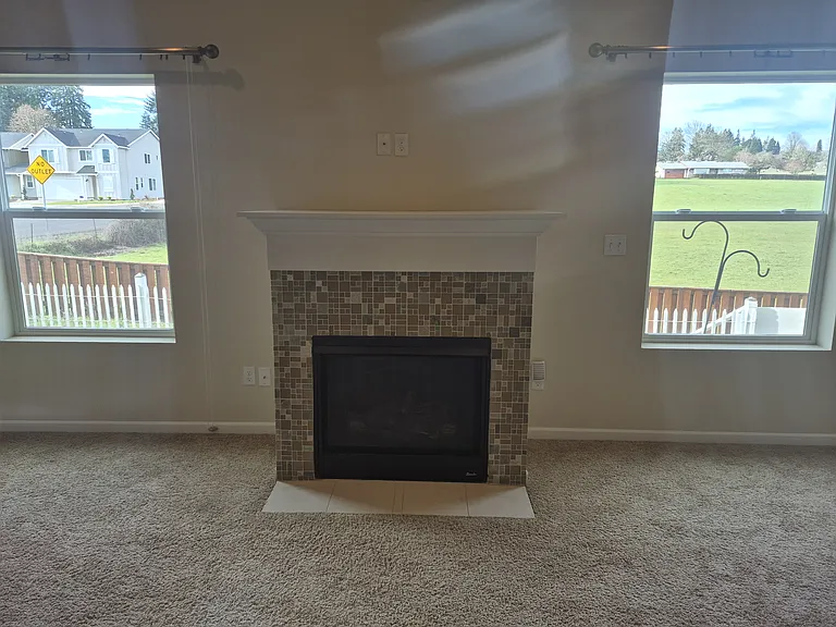 Gas fireplace and big screen TV shelf above, views out window to open farm field.