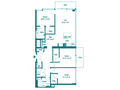 Floor plan Three Bedroom Three Bath (1466 SF)