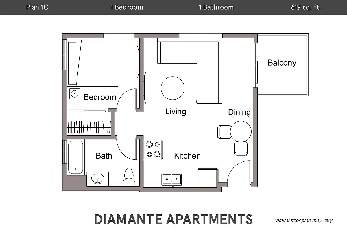 Floor plan Plan 1C - 1 Bedroom, 1 Bath
