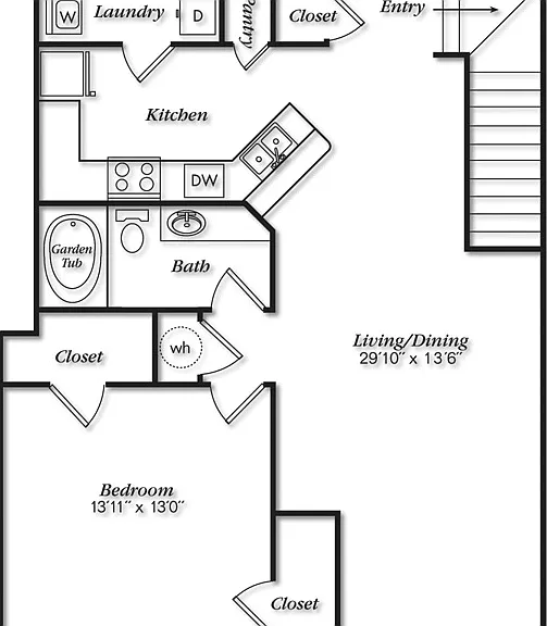 Inviting floor plan showcasing a spacious one-bedroom layout with garden tub, open kitchen with pantry, and expansive living/dining area. Inviting floor plan showcasing a spacious one-bedroom layout with garden tub, open kitchen with pantry, and expansive