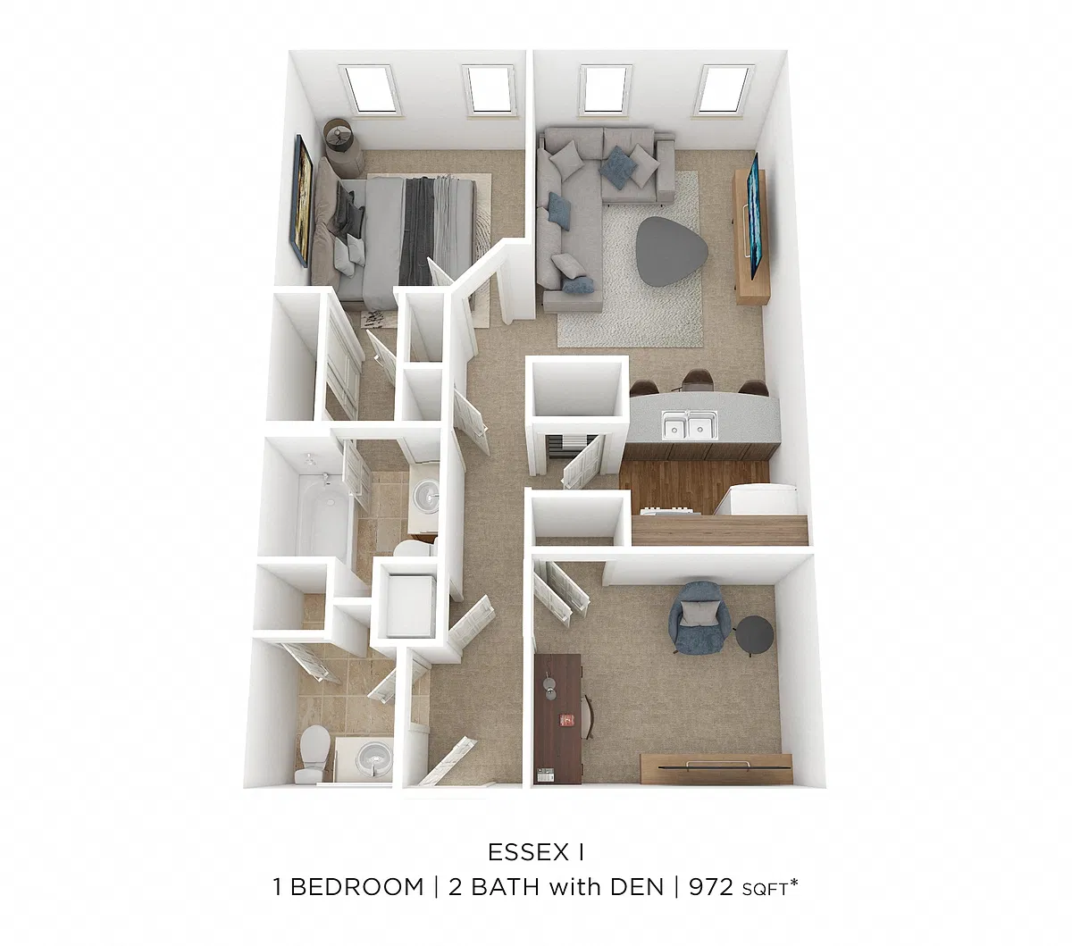 Floor plan One Bedroom 2 Bath-Essex 972 SqFt