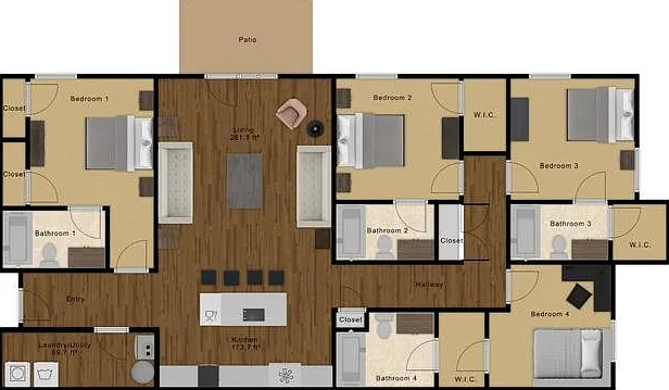 Our spacious 4-Bedroom, 4-Bathroom flats feature hardwood floors and stainless steel appliances in common areas, carpeted bedrooms, unique bedroom layouts to fit your needs. Our spacious 4-Bedroom, 4-Bathroom flats feature hardwood floors and stainless st