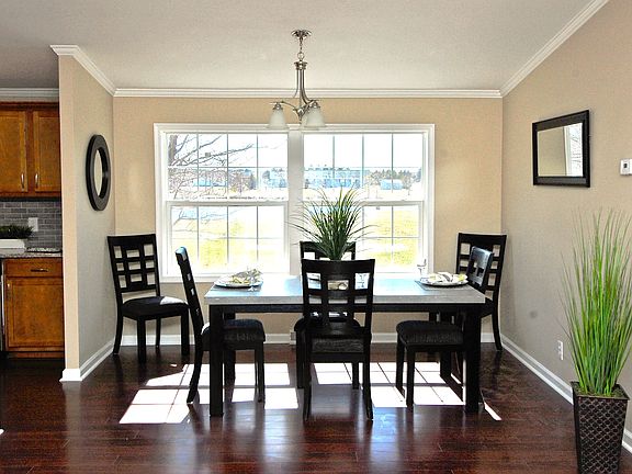 Dining area with view of the pond