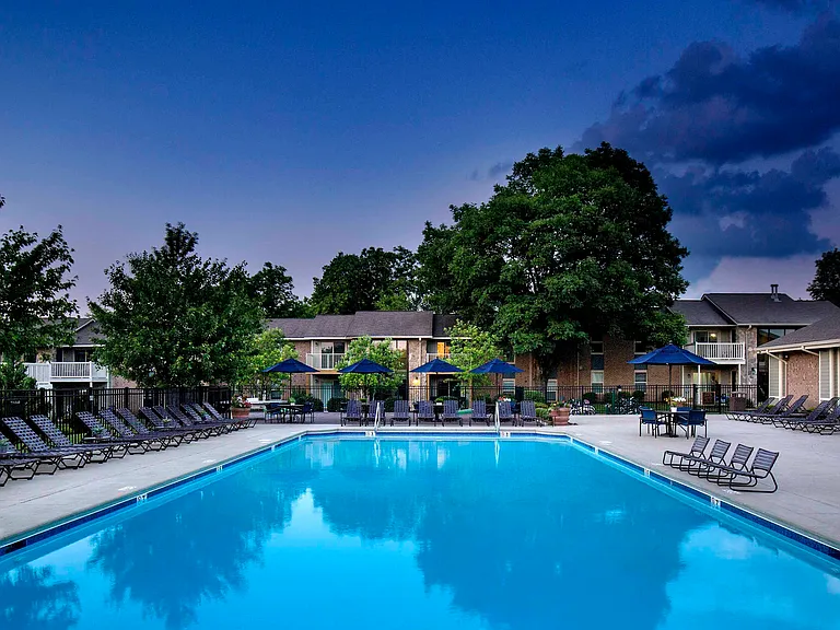 Resort-style pool at dusk