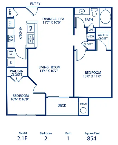 Floor plan 2BR 1BA 854 sqft