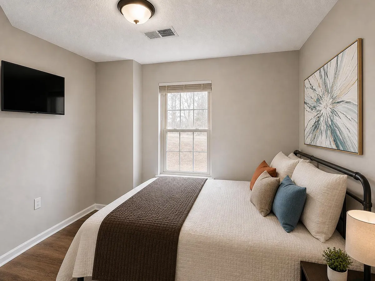 Furnished bedroom with a comfortable bed, wall-mounted TV, and a window that brings in natural light. - Forest Path