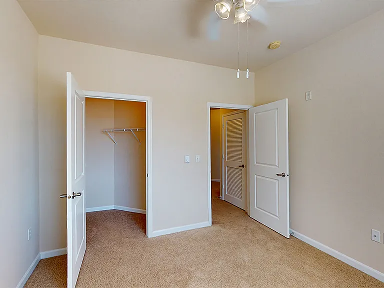 Spacious apartment bedroom with large closet and plush carpet flooring.